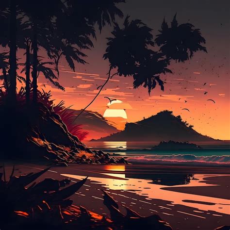 Premium AI Image | Sunset on the beach with a mountain in the background