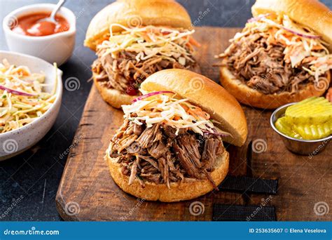 Pulled Pork Sandwiches With Cole Slaw On Brioche Buns Stock Image Image Of Sandwich Barbecue