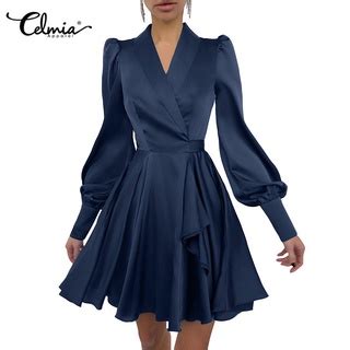 Celmia Women Satin Silk Puff Long Sleeve V Neck Elegant Mini Dress