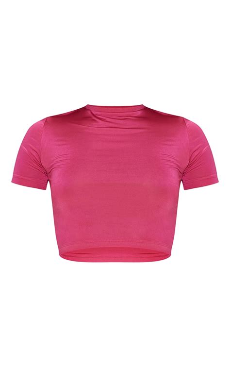 Hot Pink Basic Slinky Short Sleeve Crop Top Tops Prettylittlething Aus