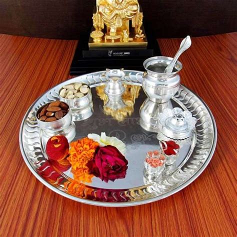 GOLDGIFTIDEAS 12 Inch Premium Shubh Labh Silver Plated Pooja Thali Set