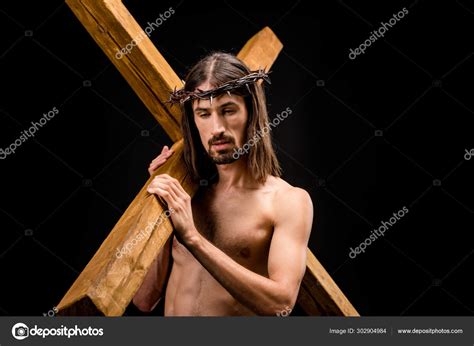 Sad Shirtless Man Wreath Holding Cross Isolated Black Stock Photo