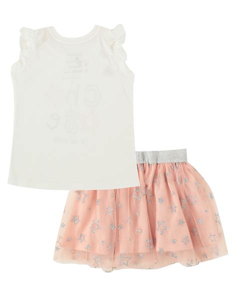 Riachuelo Conjunto Infantil Blusa E Saia Tule Estrelas Branco Rosa