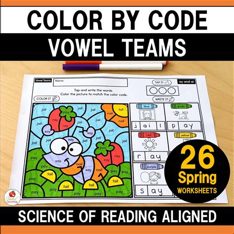 Vowel Teams Color By Code Spring Worksheets Packet United Teaching