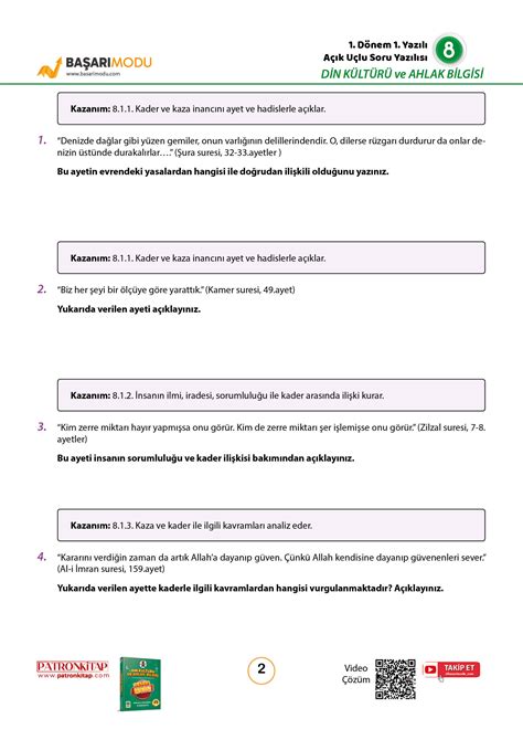 Din Kültürü 1 Dönem 1 Yazılı 8 Sınıf Örnek Sorular Başarı Modu