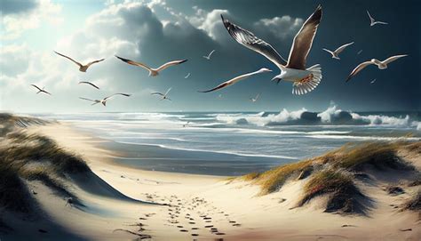 Premium Ai Image A Painting Of Seagulls Flying Over A Beach With