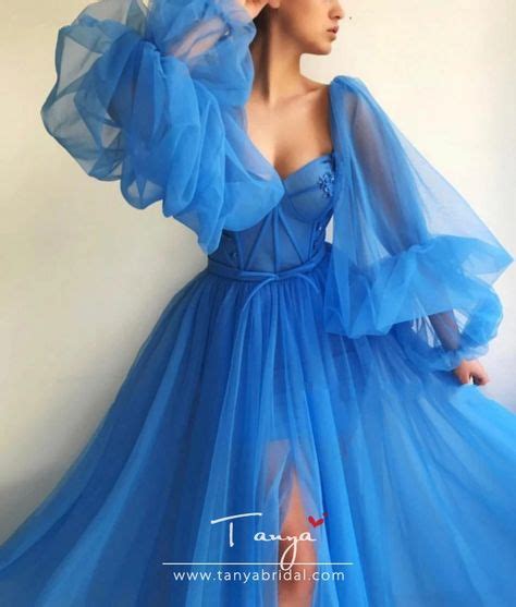 Long Puffy Sleeve Blue Prom Dresses Tulle Backless Lacing Evening Gowns