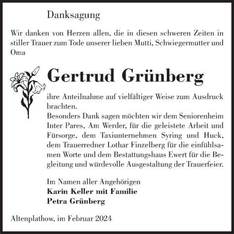 Traueranzeigen Von Gertrud Gr Nberg Abschied Nehmen De