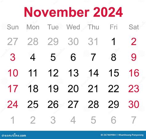 Monthly Calendar Of November 2024 On Transparent Background Stock Photo