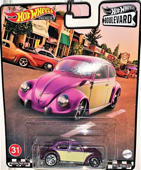 The Hot Wheels Volkswagen Beetle Is Purple And Yellow