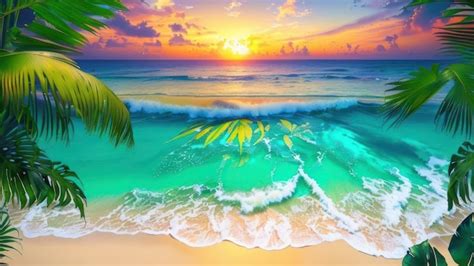 Premium Photo | A painting of a beach with a sunset and palm trees