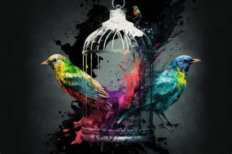 Freedom Concept The Birds Flew Out Of Cage Colorful Splash Painting