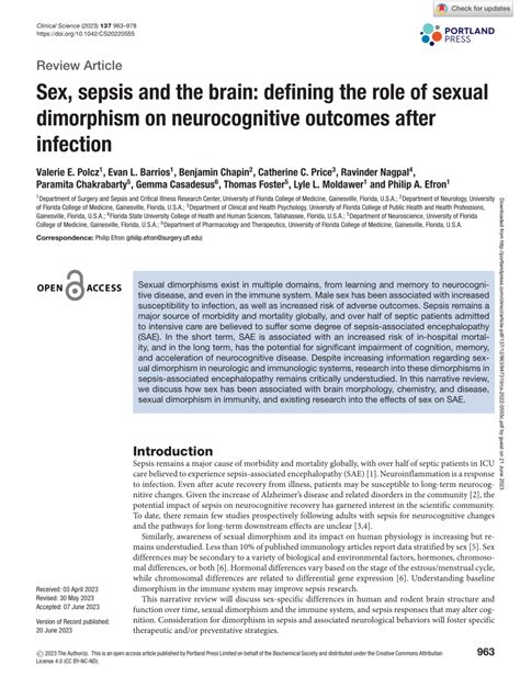 Pdf Sex Sepsis And The Brain Defining The Role Of Sexual Dimorphism On Neurocognitive