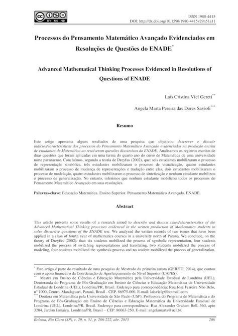 Pdf Processos Do Pensamento Matemático Avançado Evidenciados