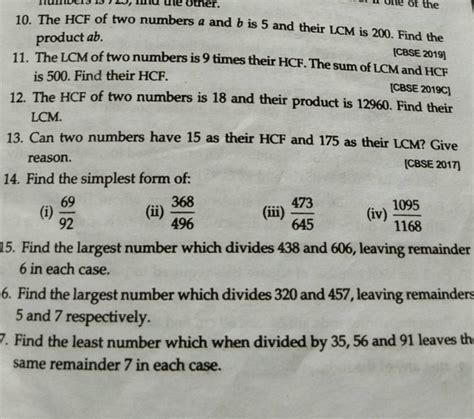 10 The Hcf Of Two Numbers A And B Is 5 And Their Lcm Is 200 Find The Pr