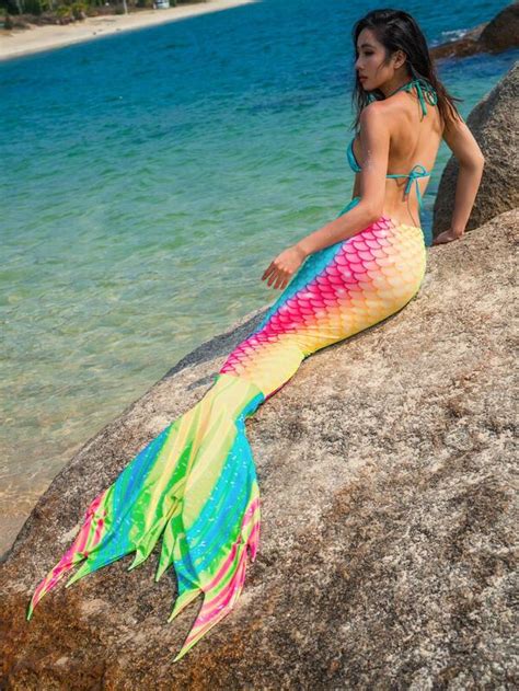 SHEIN Swim Vcay Fish Scales Print Bikini Swimsuit With Mermaid Tail