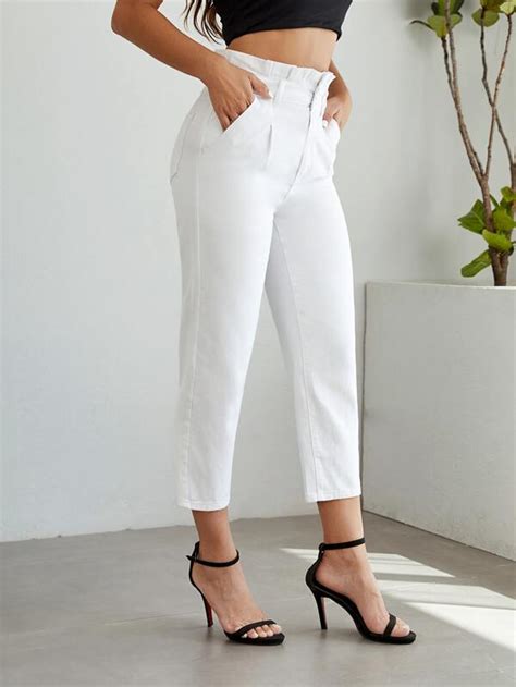 SHEIN Essnce Jeans De Ajuste Mom De Cintura Con Volante Con Fruncido