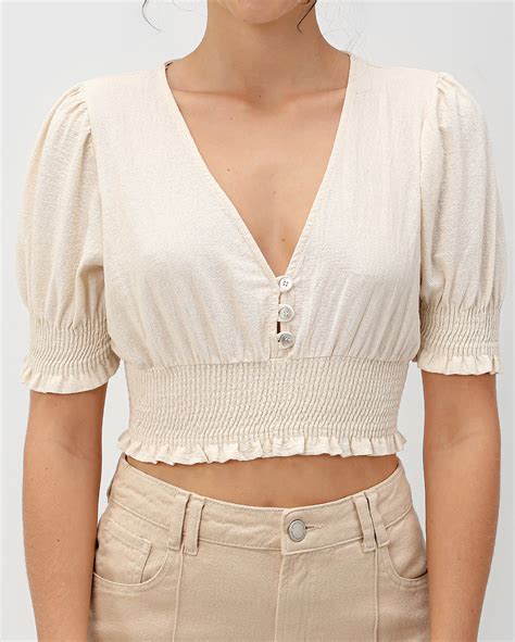 Riachuelo Blusa Cropped Decote V Manga Bufante Bege Pool By