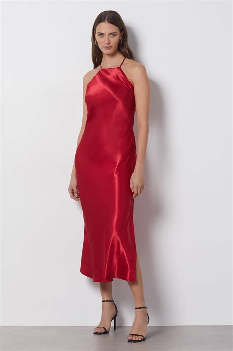 Halter Neck Backless Satin Midi Dress Anaisi Rouge Etam