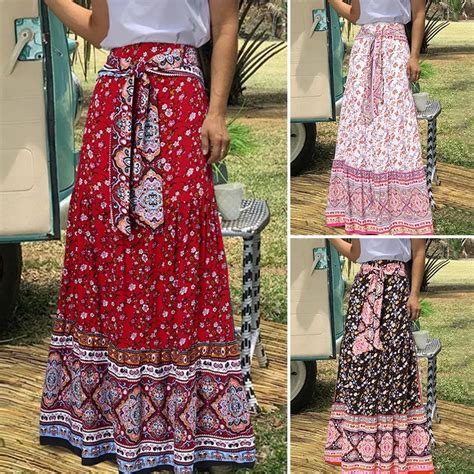 Women Bohemian Floral Print High Elastic Waist Maxi Skirts Boho Summer