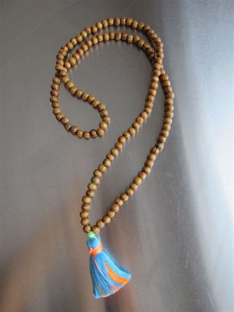 Neon Blue Tassel Necklace Long 36 Inch Mala Beads Wooden Grain Natural Jewelry