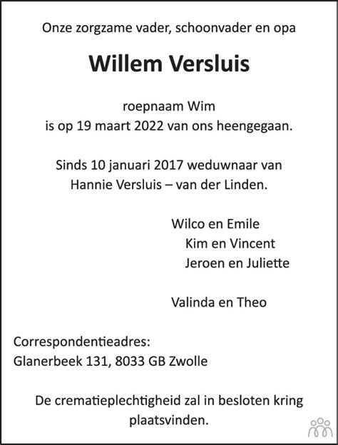 Willem Versluis 19 03 2022 Overlijdensbericht En Condoleances