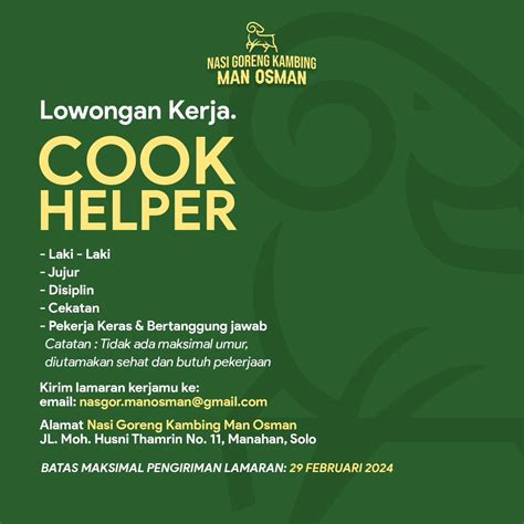 Lowongan Kerja Februari 2024 Cook Helper Nasi Goreng Kambing Man Osman