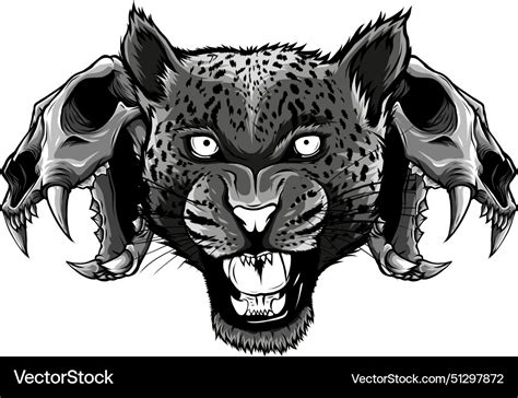 Monochrome head leopard with two skull Royalty Free Vector