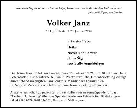 Traueranzeigen Von Volker Janz Trauer Anzeigen De