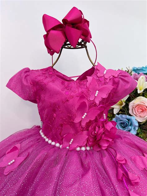 Vestido Infantil Pink C Aplique De Borboletas E Renda Flor Rosa