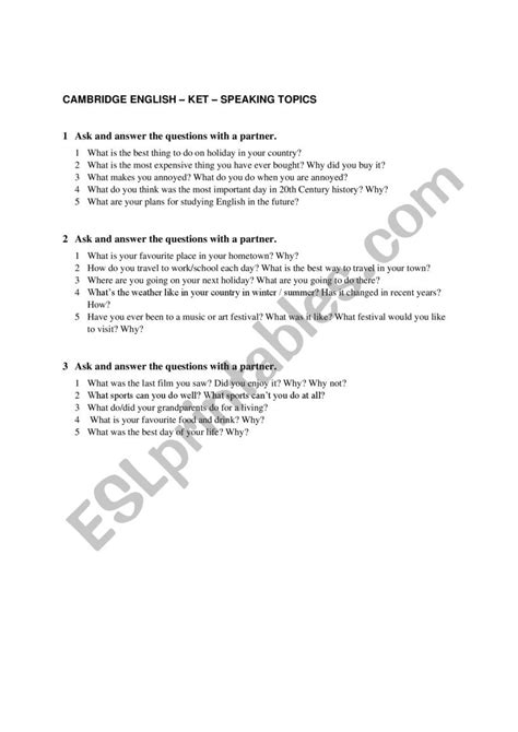 Cambridge English Speaking Topics Ket Key Level Esl Worksheet