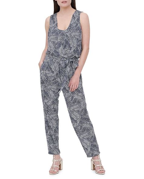 DKNY Synthetic Printed Belted Jumpsuit In Blue White Blue Lyst