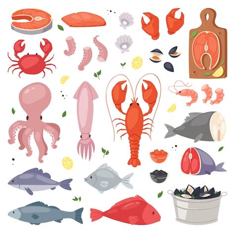 Premium Vector Seafood Sea Fish Shellfish And Lobster On Fishmarket