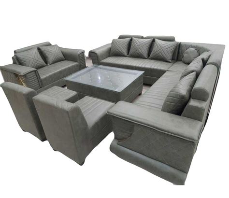 Leatherette Seater Grey Living Room Wooden Sofa Set At Rs