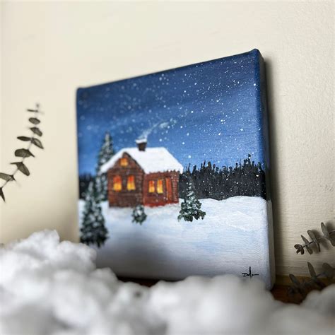 Snowy Cabin Art Snow Painting Snowy Landscape Artwork - Etsy