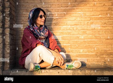 Modern Brunette Muslim Woman Sit Wear Hijab Pose For Portrait Photo By Historical Landmark On