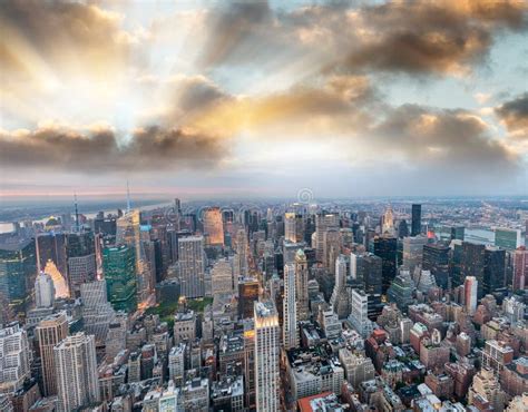 Panoramic Aerial View Of Manhattan Skyline At Sunset New York Stock