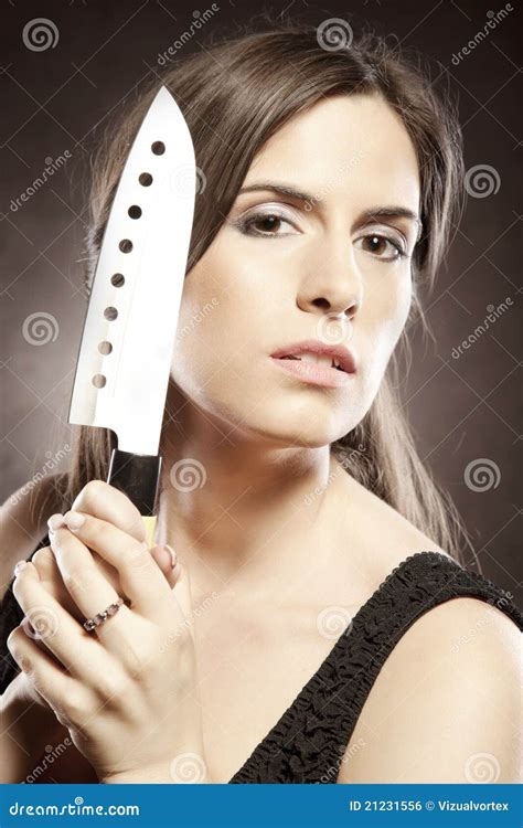 Beautiful Woman With A Knife Stock Photo Image Of Brunette Dangerous