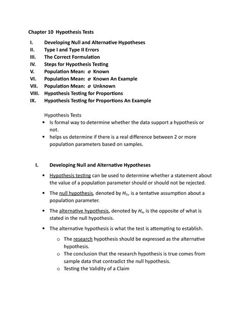 Chapter 10 Notes Chapter 10 Hypothesis Tests I Developing Null And