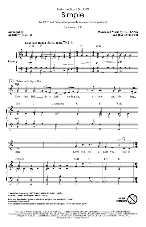 Simple Arr Audrey Snyder Sheet Music K D Lang Sab Choir