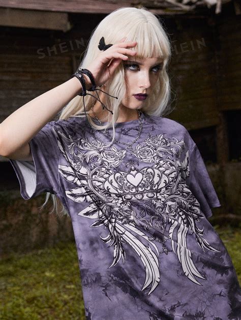 ROMWE Goth Tie Dye Heart Wings Print Tee SHEIN USA