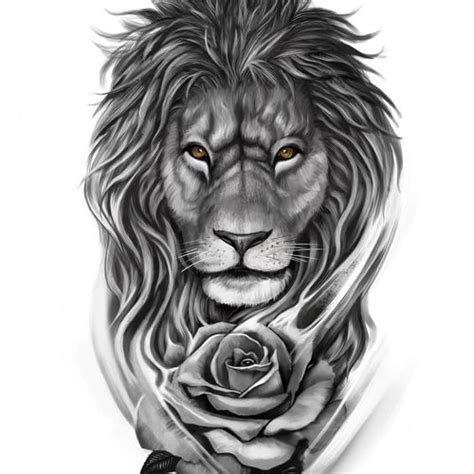 A Black And White Drawing Of A Lion With A Rose On It S Chest