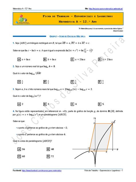 Ficha De Trabalho Exponenciais E Logaritmos Pdf Função Matemática