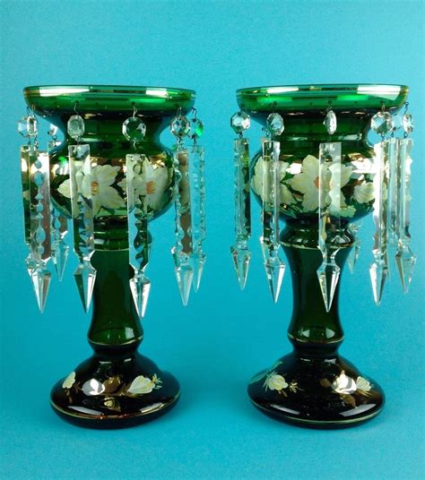 Pair Antique Victorian Green Bohemian Glass Gold Mantle Lustres Lusters Bohemian Glass Mantle