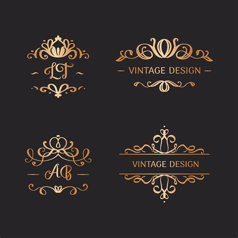 Set of wedding logos in vintage style. Luxury Frames with Gold Ornament