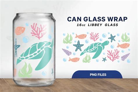 Sea Turtle And Ocean Objects For 16 Oz Libbey Glass Can Wrap