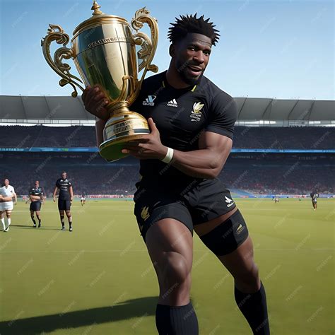 Premium AI Image | Siya Kolisi holding up the rugby World Cup in a ...