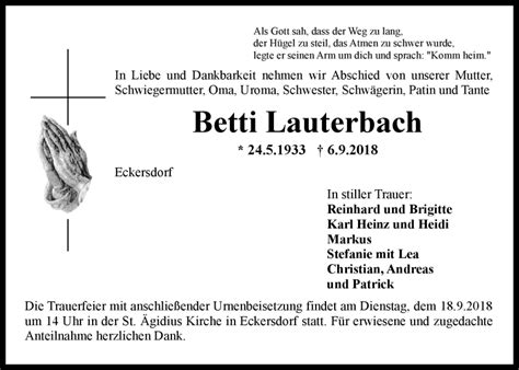 Traueranzeigen Von Betti Lauterbach Nordbayerischer Kurier