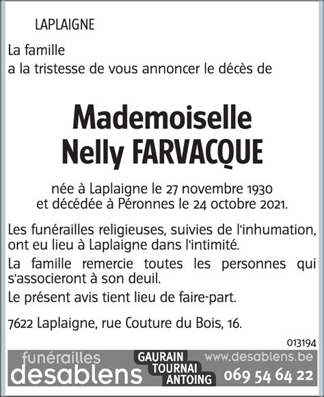 Avis De Décès De Nelly Farvacque Décédé Le 24 10 2021 à Péronnes Lez