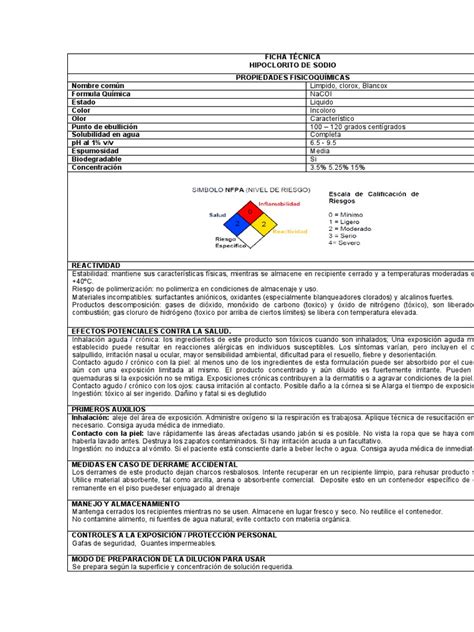 Ficha Tecnica Hipoclorito De Sodio Pdf Agua Sustancias Químicas